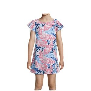 Pappagallo Girls M 6-8 Yrs Flutter Sleeve Swing Dress Pink Blue Tropical Beach